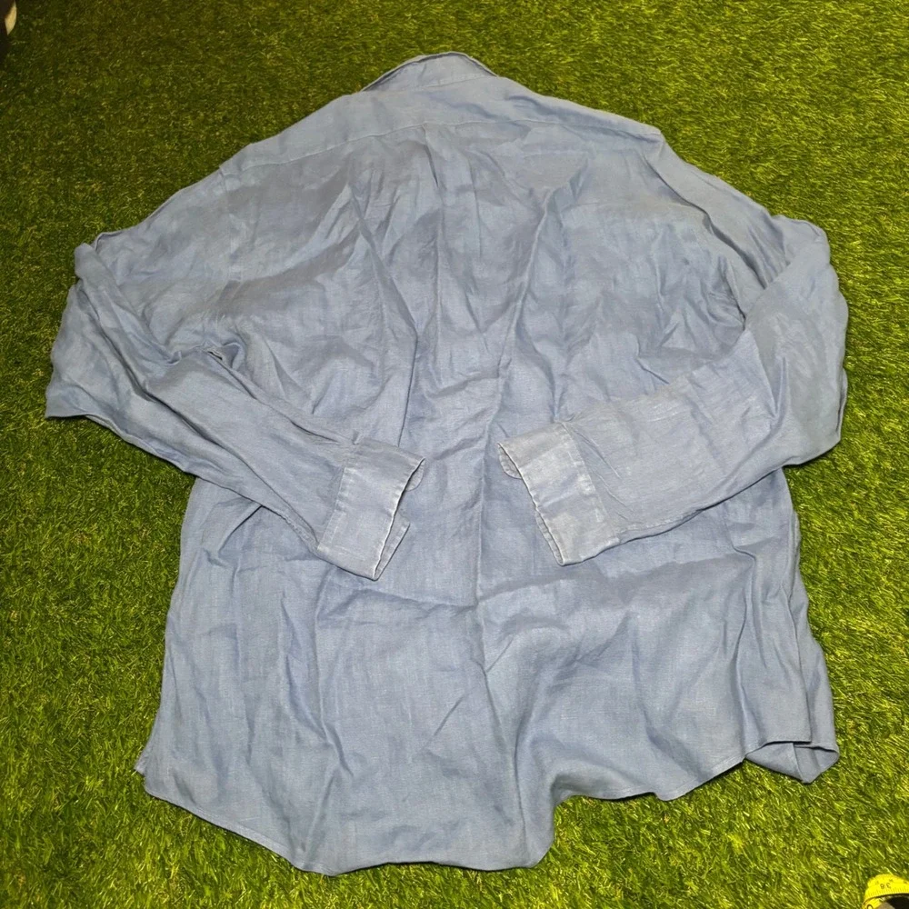 Polo Ralph Lauren Mens Blue 100% Linen Custom Fit Long Sleeve Shirt Large Logo